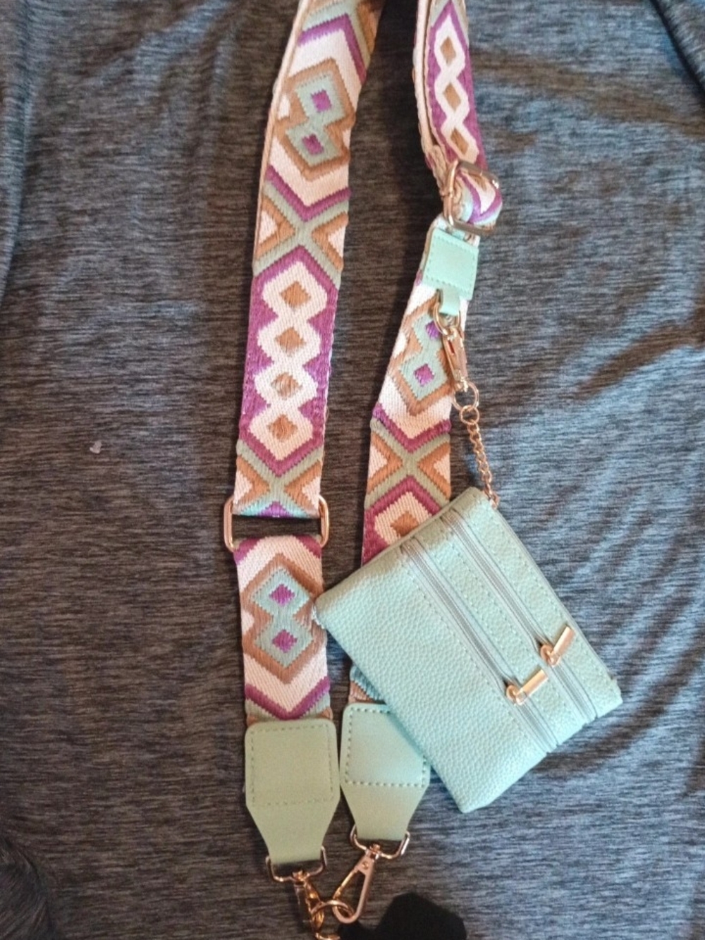Mint Green Phone Patterned Strap With  Zippered Pouch